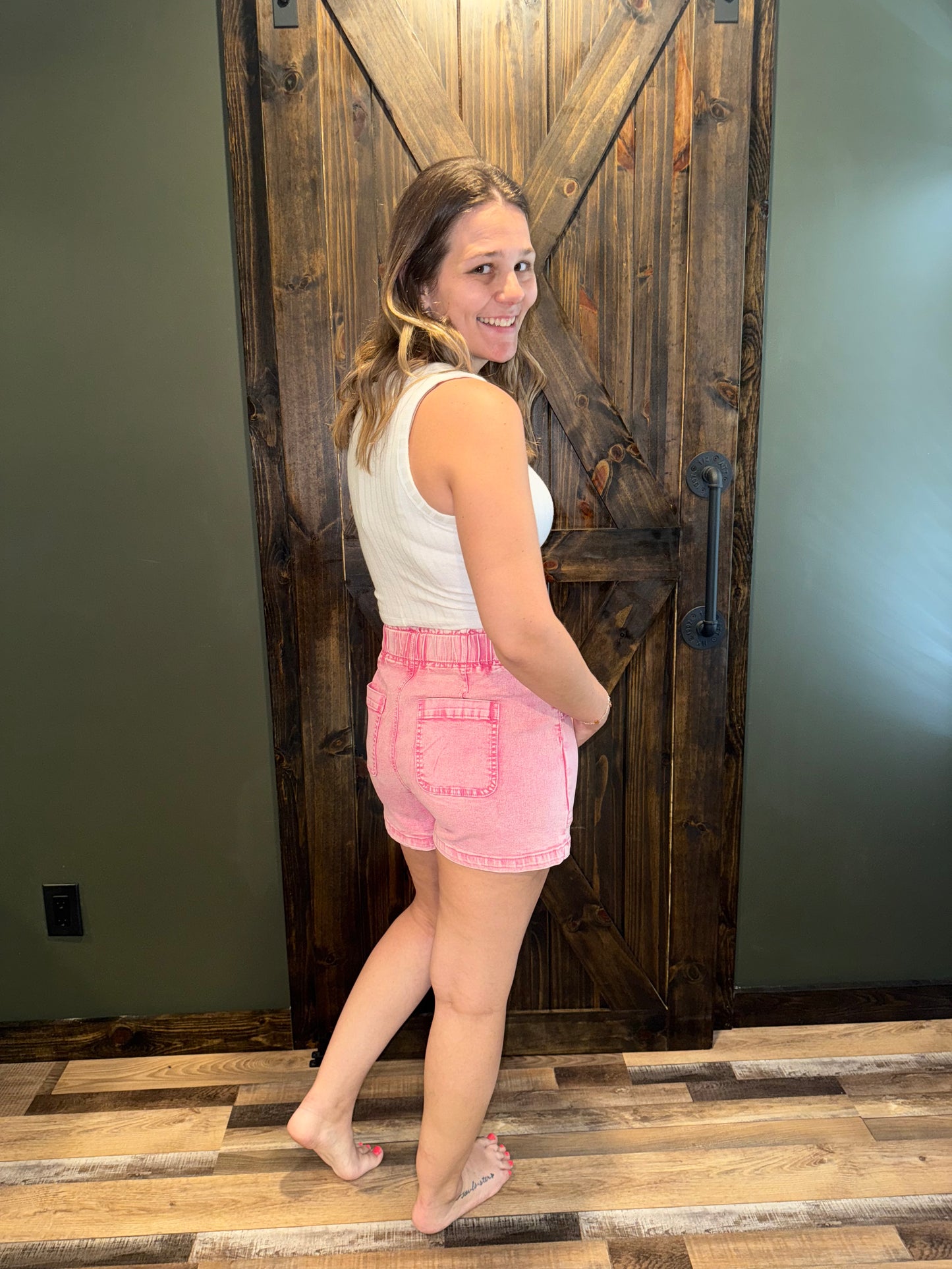 Pink High Waisted Denim Shorts