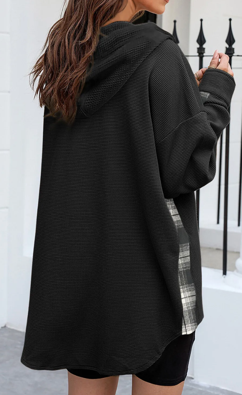 Black Waffle Knit Plaid Hooded Shacket