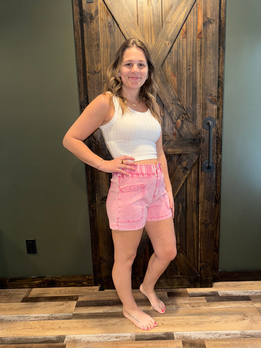 Pink High Waisted Denim Shorts
