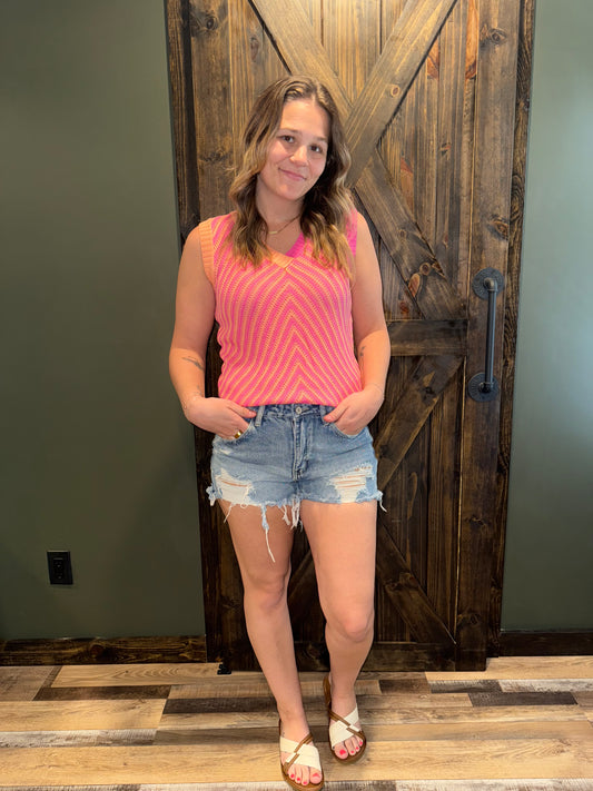 Pink Contrast Chevron V Neck Knit Sweater Vest