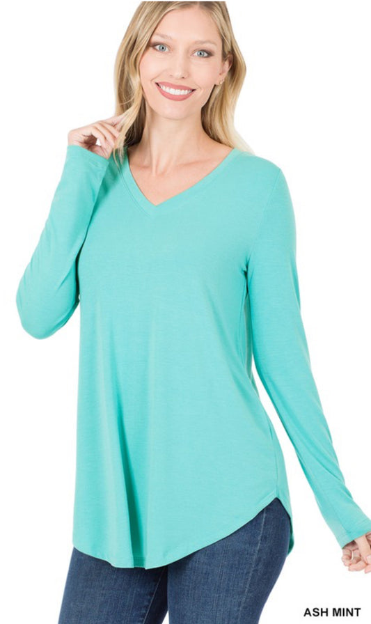 Long Sleeve V-Neck Round Hem Top