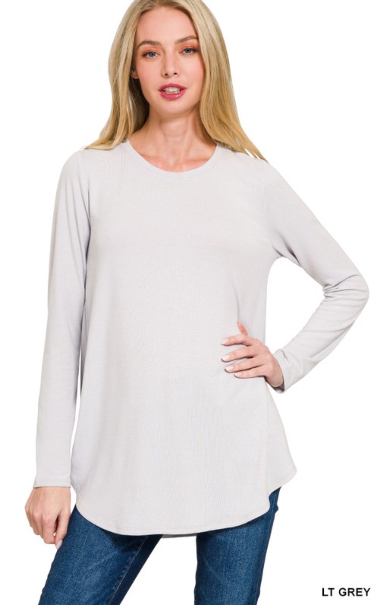 Long Sleeve Round Neck Round Hem Top