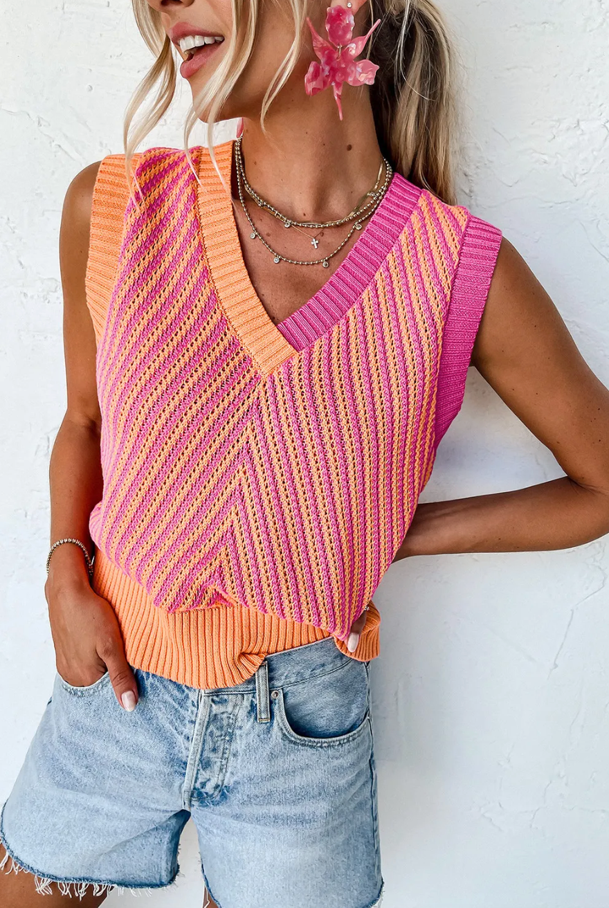 Pink Contrast Chevron V Neck Knit Sweater Vest