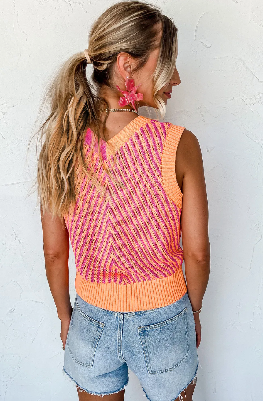 Pink Contrast Chevron V Neck Knit Sweater Vest