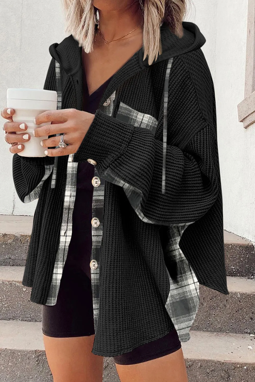 Black Waffle Knit Plaid Hooded Shacket