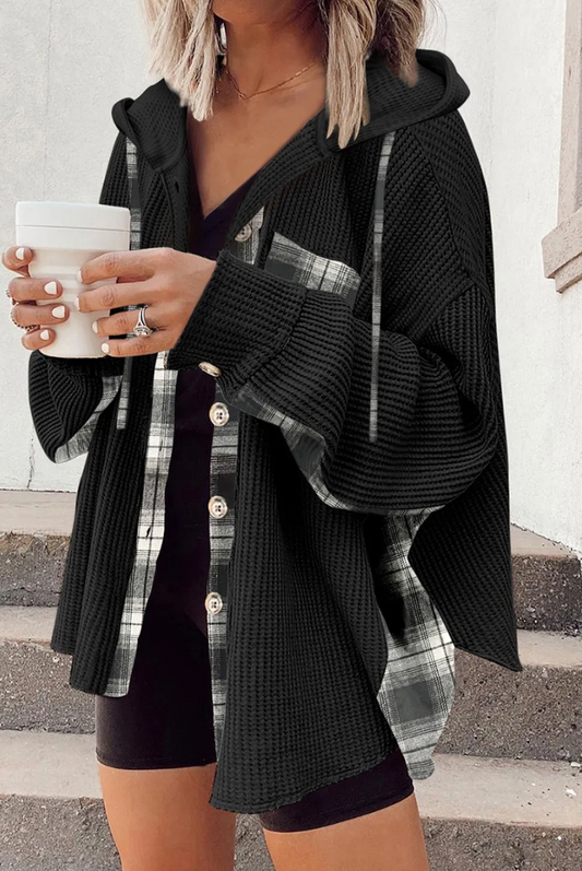 Black Waffle Knit Plaid Hooded Shacket