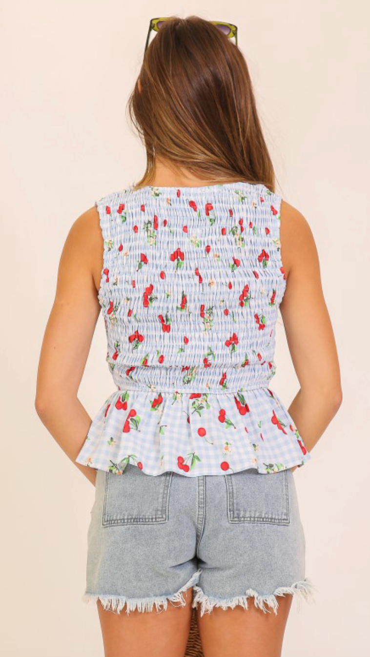 Cherry Gingham Tie-front Peplum Top