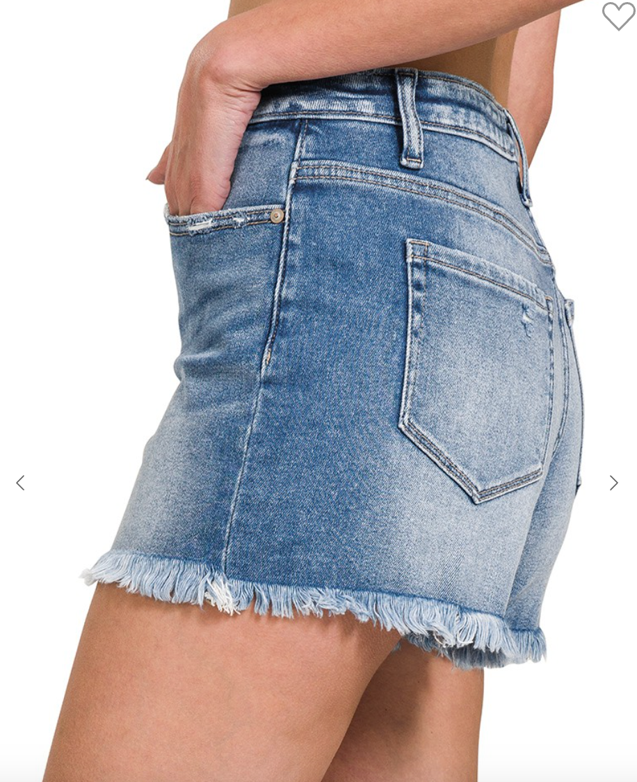 PREORDER Mid-Rise Raw Hem Denim Shorts